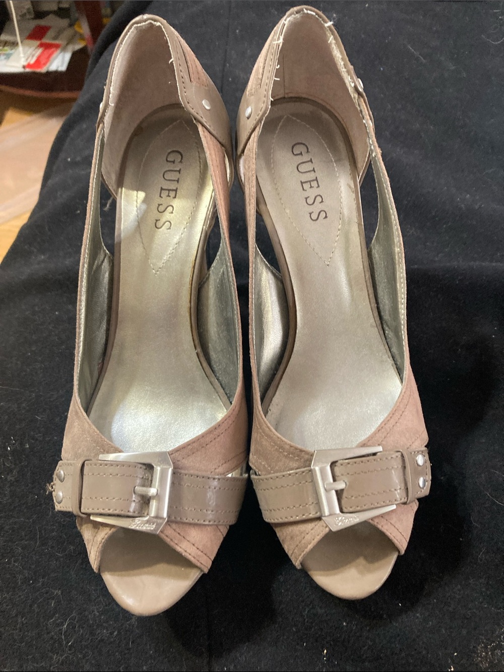 GUESS Taupe and Beige Peep-Toe Heels with Buckle Detail